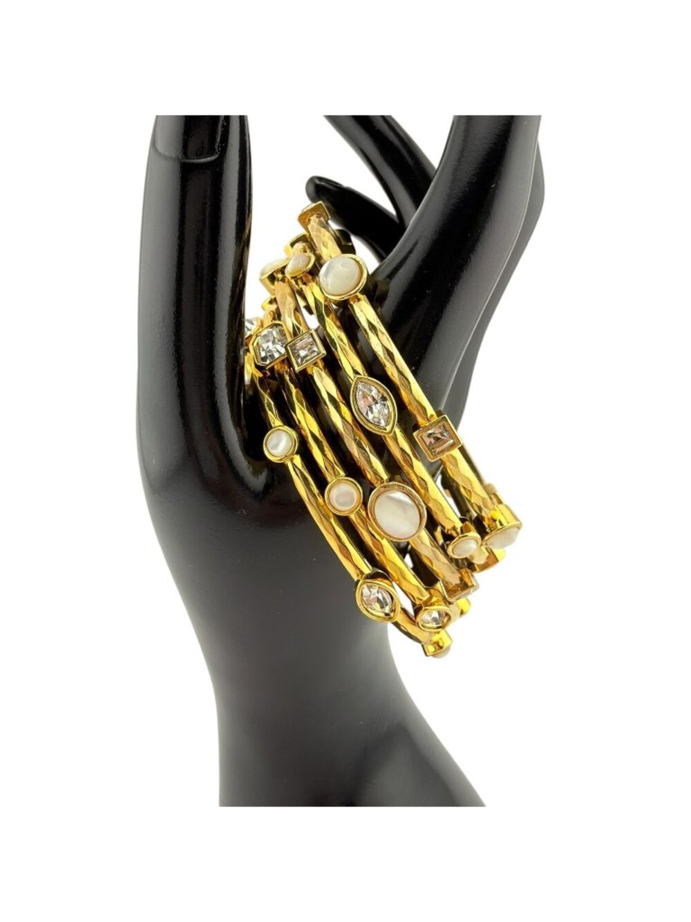 5 Gold-Tone Stacked Bangle Bracelets Set With Faux Pearl & Crystal Accents